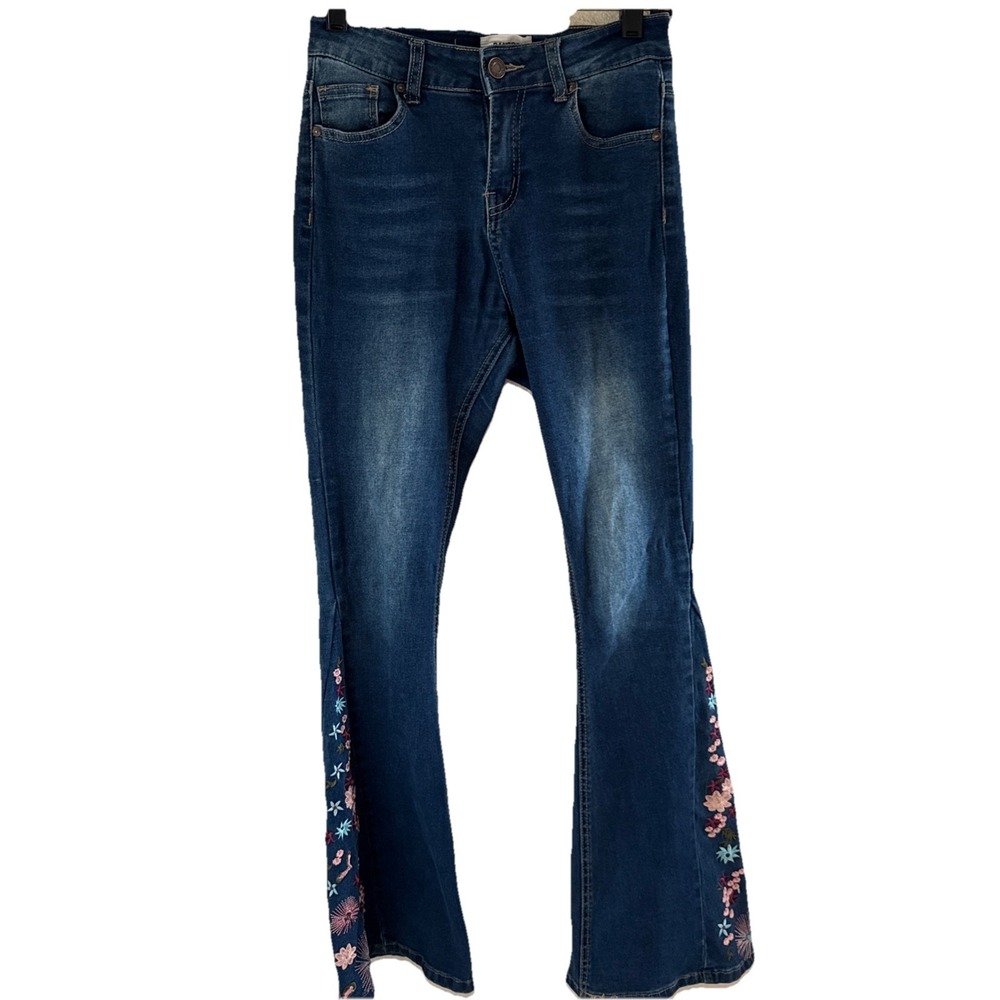 Bamboo Flower Child Bell Bottom Flare Flower Embroidered Jeans Sz 3 Marcia Brady
